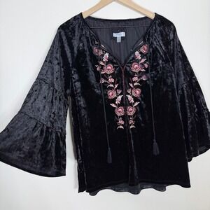 Cupio Womens Embroidered Velvet Peasant Top Size L Black Tiered Bell Sleeve Boho
